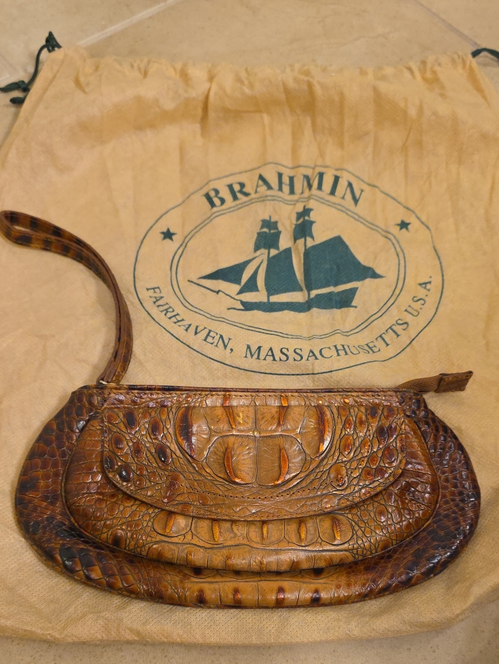 Brahmin Amber Brown Croc-Embossed Leather Wristlet